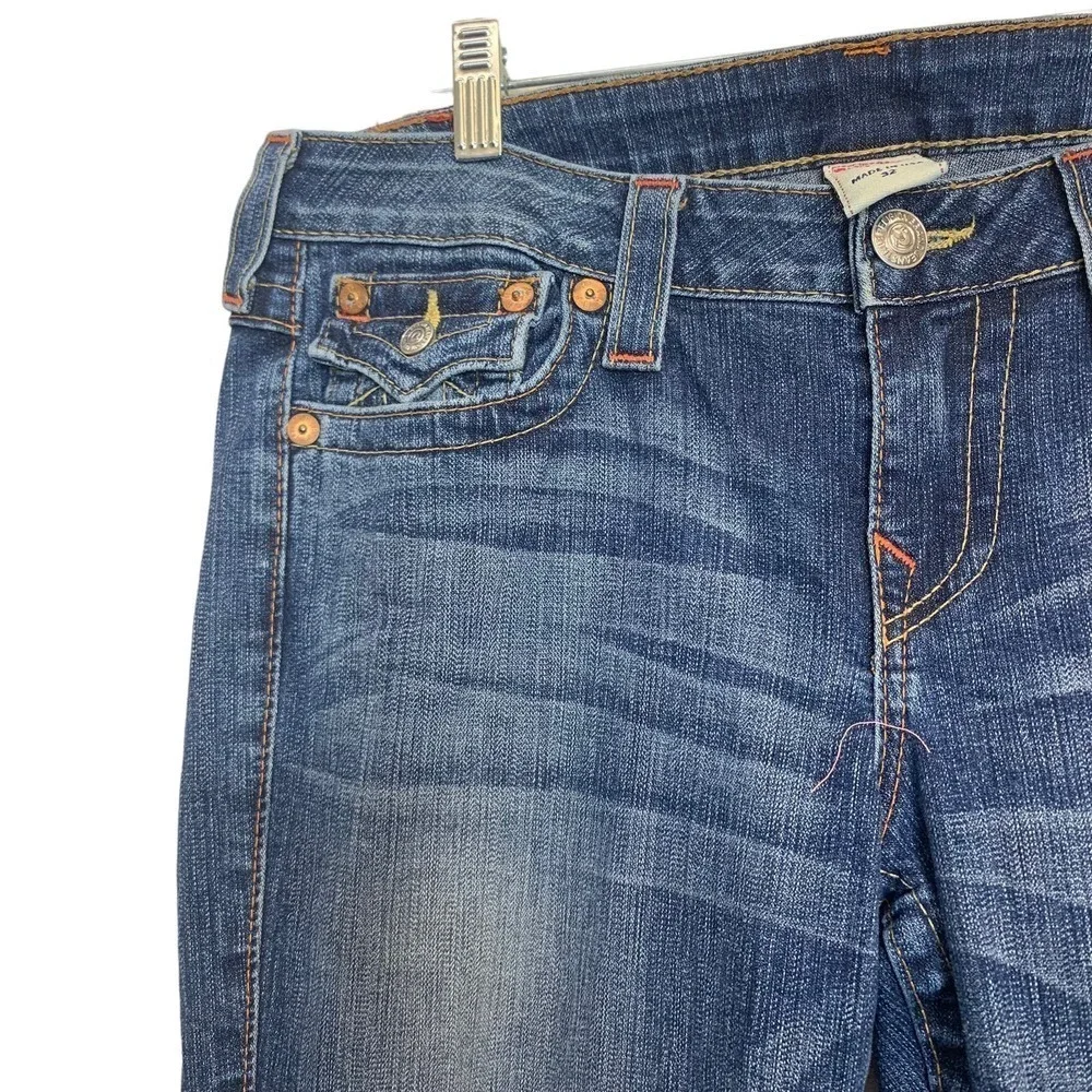 True Religion Mens Bootcut Jeans Medium Wash Distressed Made in USA Blue Size 32
